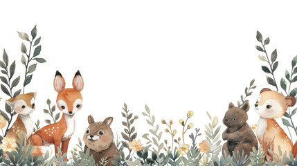 charming illustration featuring adorable woodland animals like deer, fox, and bear surrounded by delicate flowers and greenery, evoking sense of whimsy and nature