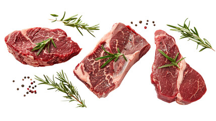 Fresh beef cuts with rosemary and peppercorns, showcasing variety of textures and marbling. Perfect for grilling or roasting, these meats promise delicious meal