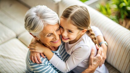 A heartwarming stock photo capturing the bond between a grandmother and granddaughter as they embrace each other in a hug viewed from a bird s eye perspective, tenderness,grandmother