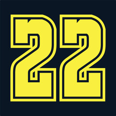 22 Classic Vintage Sport Jersey Uniform numbers in black with a black outside contour line number on white background for American football, Baseball and Basketball or soccer for shirt