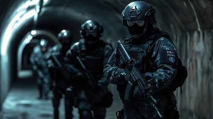 Naklejka premium Soldier in tactical gear and camouflage uniform holding a rifle. AI generated!