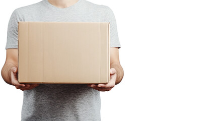Close-up of a man holding a cardboard box on a white background