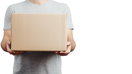 Close-up of a man holding a cardboard box on a white background