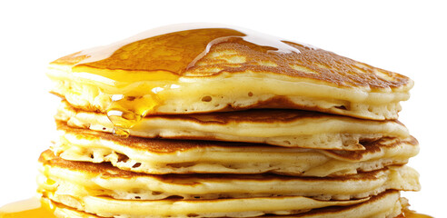 Stack of pancakes with a golden honey topping isolated Png, transparent without background.