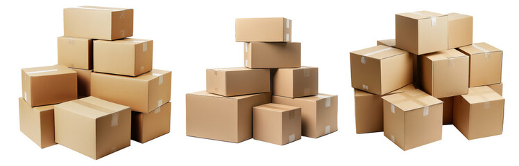 Group of cardboard boxes for transportation isolated Png, transparent without background.