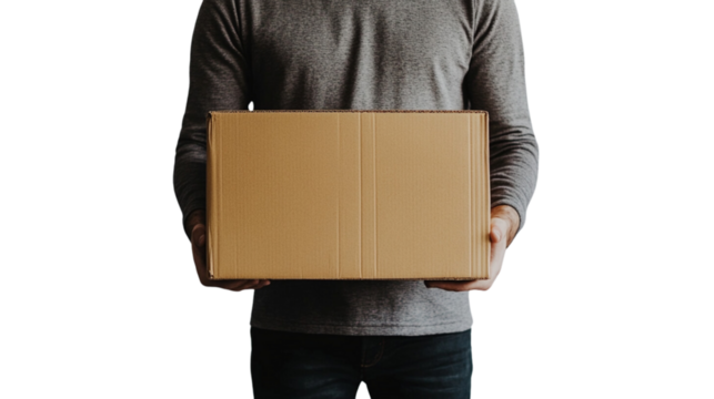 Close-up of a man holding a cardboard box on a white background