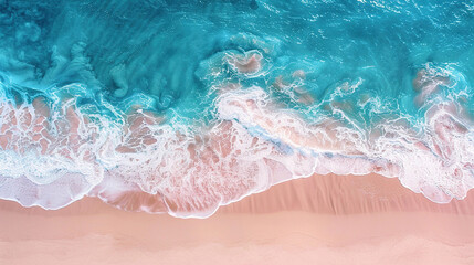 beautiful pink sand in beach waves, blue sea view 