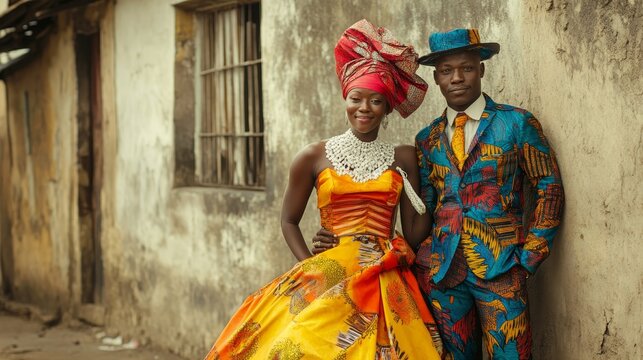 Vibrant Traditional Congolese Wedding Couple in Colorful Sapeur Outfits Embracing in Urban Setting