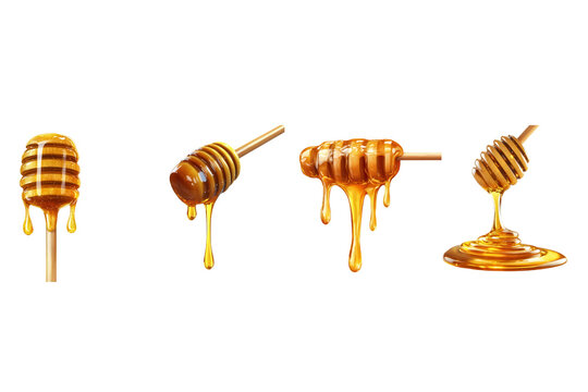 A collection of honey drippers showcasing various styles and honey textures, perfect for culinary and food photography. on transparent cutout, PNG file