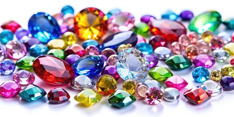 Shiny rhinestones of various sizes and colors are meticulously arranged on a white background creating a captivating composition, accessories, brilliance, isolated, vibrant, colorful