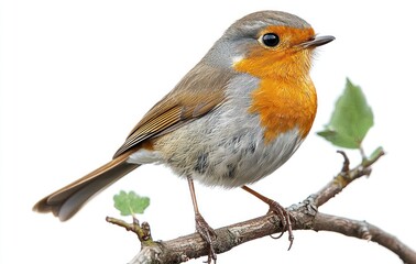Fototapeta premium European robin perched on a wooden branch with orange breast feathers and soft blurred background Generative AI
