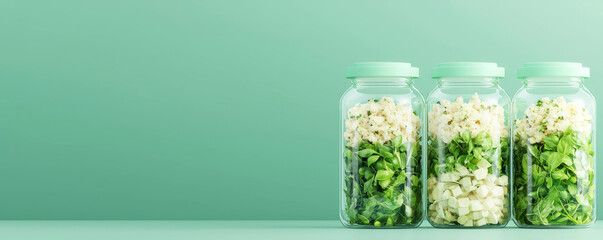 Three glass jars filled with fresh salad ingredients on a pastel green background.