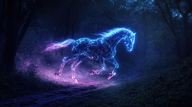 Cybernetic horse with glowing mane galloping through a shadowy forest path, its lights trailing in the dark