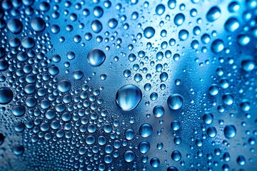 Drops of rain water on the surface of blue glass. Wet background with bubbles of liquid for spraying. Fresh and cool background.