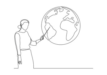 Continuous single line sketch drawing of standing presenter woman presentation pointing on world earth globe with stick explain map weather meteorology prediction. One line art vector illustration
