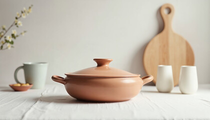 Minimalist earthenware casserole centered, highlighting its handmade design for advertising.


