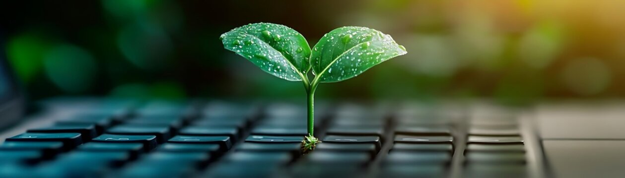 Green Plant Growing From Computer Keyboard Photo - Concept of Green IT, Sustainability, and Environmental Responsibility