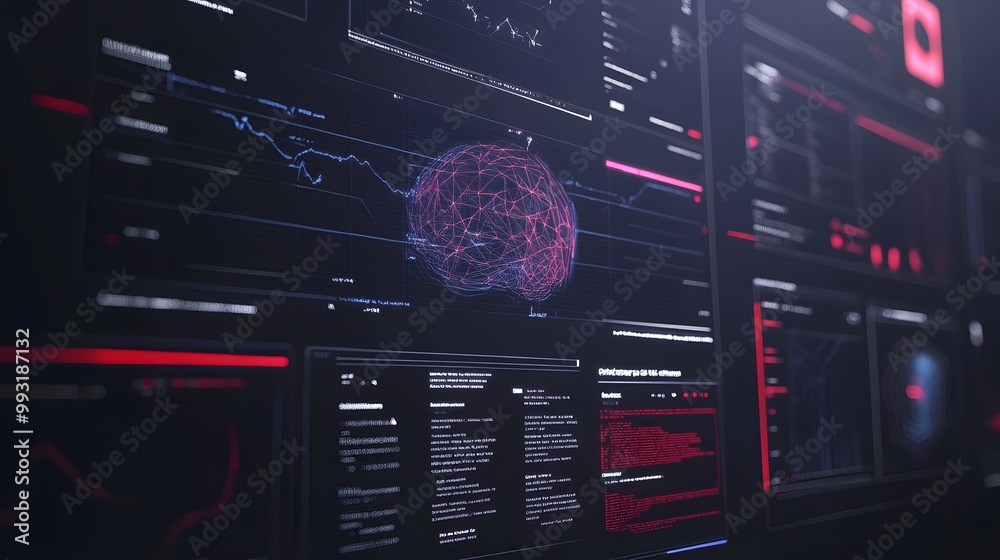Poster a futuristic digital interface displaying data, graphs, and a network representation of a brain.