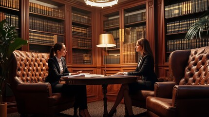 Fototapeta premium Two professionals discussing legal matters in a stylish library setting during the afternoon