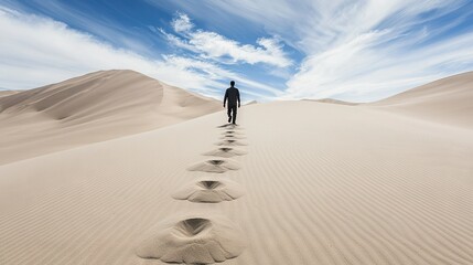   A man stands atop a sandy shore beside a cloud-filled sky and a trail of footprints in the sand