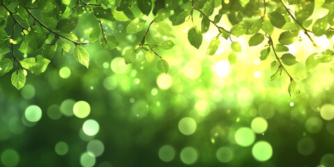 Obraz premium Fresh Green Leaves with Dew and Sunlight Bokeh