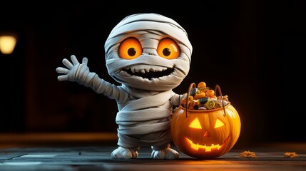 A cute mummy holding out its hand and waving, wearing white bandages with orange eyes, smiling, dressed in Halloween and carrying an open pumpkin bag full of Halloween