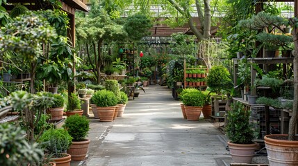 Beautiful Greenhouse Filled with Various Potted Plants and Trees on a Sunny Day