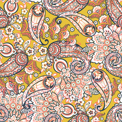 Madhubani, Kalamkari, Chinz, and Kani seamless pattern. Shirting fabric, Ajrakh and Ikat styles. Patola backdrop. Floral allover design