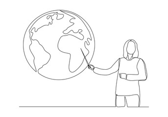 Continuous single line sketch drawing of standing presenter woman presentation pointing on world earth globe with stick explain map weather meteorology prediction. One line art vector illustration