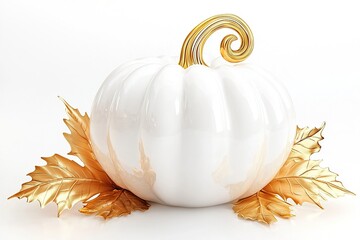Obraz premium Pumpkin in white color with golden leaves isolated on a white background. Thanksgiving day concept. Generative Ai