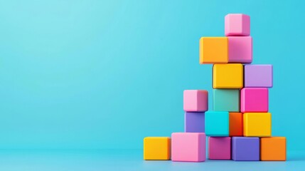 Colorful building blocks stacked on a blue background.