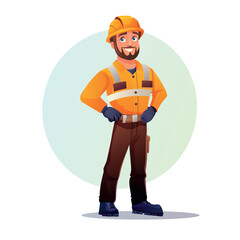 Man with a smile on his face. In a builder or worker uniform in a helmet. Vector character in a cartoon style. Illustration for design.