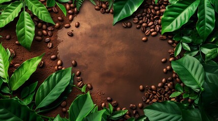 Fototapeta premium A background image of coffee beans with green leafs