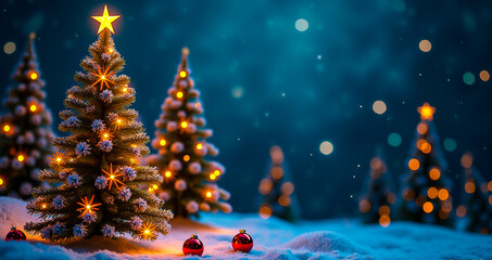 Obraz premium Festive Christmas backdrop featuring a tree and decorations ideal for greetings Winter theme Happy New Year card with copy space