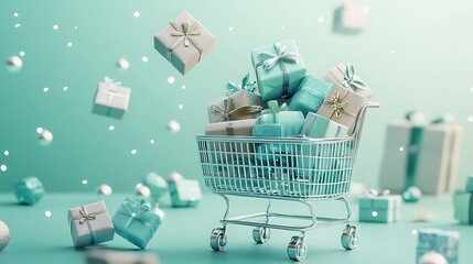 Colorful Shopping Bags and Cart on Minimalist Blue Background for Online Retail and E-commerce