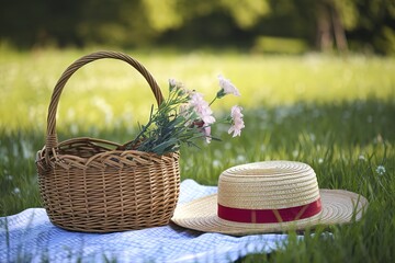 A serene outdoor setting with a wicker basket placed on a checkered cloth
