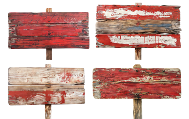Set of four weathered wooden signs with peeling red paint, cut out