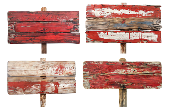 Set of four weathered wooden signs with peeling red paint, cut out