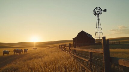 Obraz premium Serene Sunset Over Farm Landscape with Windmill
