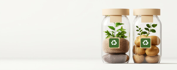 Eco-friendly jars showcasing plants and stones, symbolizing sustainability and nature.