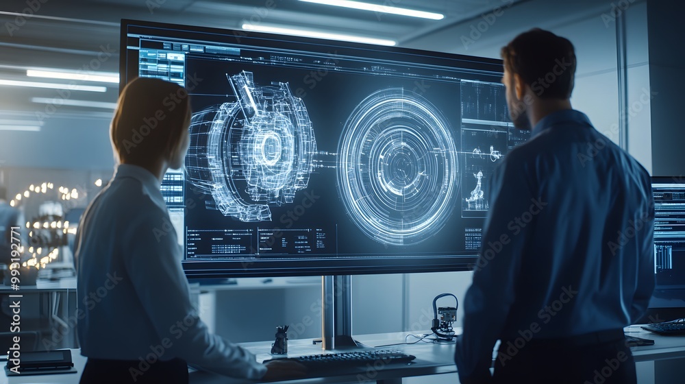 Poster two engineers reviewing 3d model of a complex machine on a large computer monitor