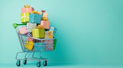 Colorful Shopping Bags and Cart on Minimalist Blue Background for Online Retail and E-commerce