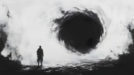 Black and White Ink Illustration of the Chasm in the Shadowy Mountains, Capturing the Depth and Mystery of Nature’s Formations, Ideal for Art Lovers and Nature Enthusiasts Seeking Unique Wall Art or I