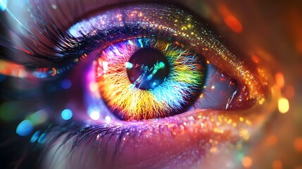 Close-up of a Sparkling Eye with Multicolored Iris and Eyelashes