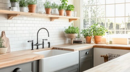 A bright and airy farmhouse kitchen with subway tile backsplash