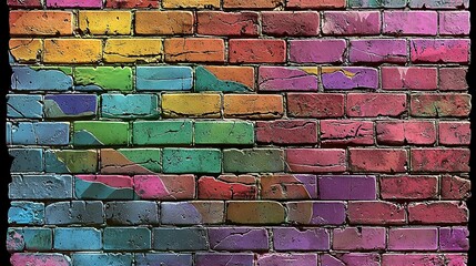 Fototapeta premium A brick wall with varied colors is displayed inside a black frame in the center of the image, while a black border surrounds the entire photo