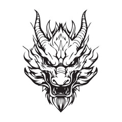 Black and white line art, vector illustration of a dragon head mask for t-shirt design