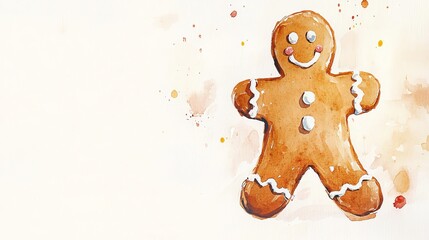 Fototapeta premium Gingerbread man, a Christmas treat, is a watercolor painting on a white background.