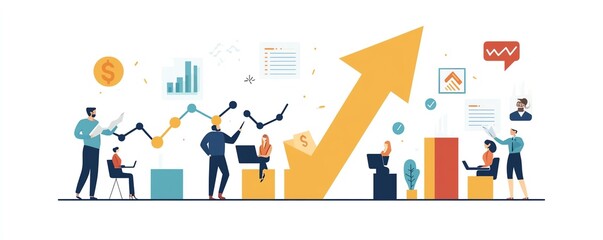 Fototapeta premium Team of professionals analyzing financial success, growth arrow in focus, flat vector illustration, isolated on white background