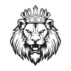 A black and white vector design of an angry lion head with a king's crown on top